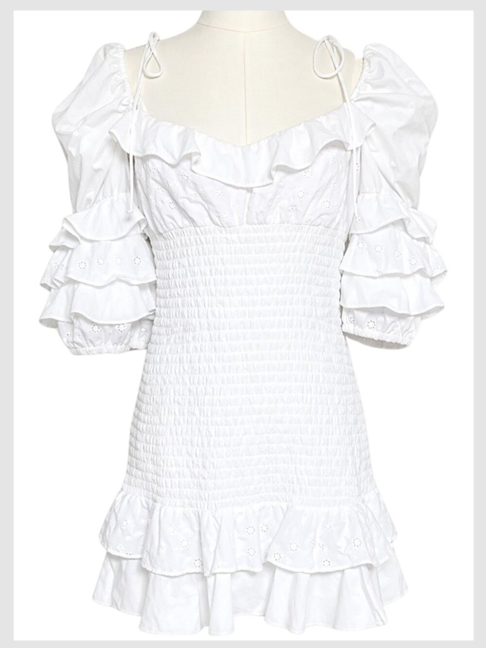 For Love & Lemons White Smocked Eyelet Mini Dress L - Picture 2 of 9